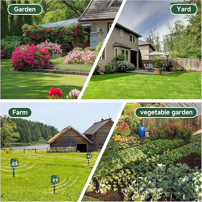 Solar Ultrasonic Animal Repellent Outdoor, 2 Pack Deer Repellent for Yard with RIP Sensor, IP65 Waterproof Squirrels Repeller, Effective Deterrent Cat, Raccoons, Skunks, Rabbits