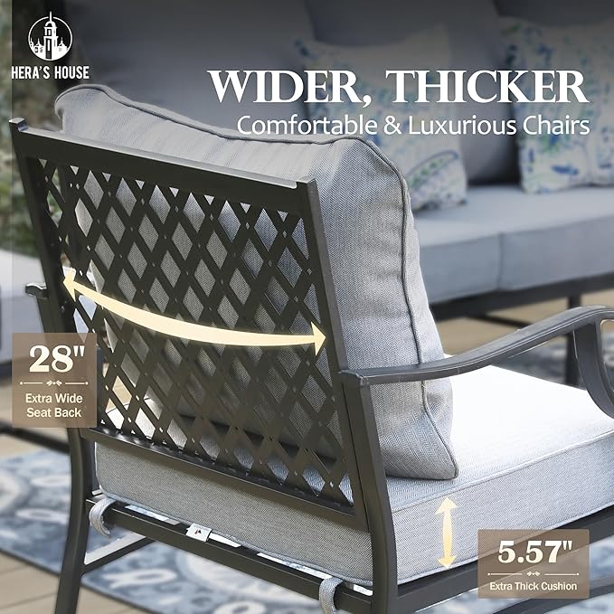 HERA'S HOUSE 6 Piece Patio Furniture Set, 2 x Rocking Cushioned Chair, 2 x Cushioned Ottoman, 1 x 3-Seat Sofa with Marbling Coffee Table, Outdoor Conversation Set for Lawn Garden Backyard, Grey