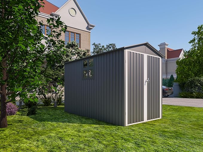 6x10 FT Outdoor Storage Shed, Metal Motorcycle Shed with Window, Storage Building with Lockable Hinged Doors & Sloped Roof, Waterproof Outside Garage Sheds for Garden, Backyard, Patio, Gray+White