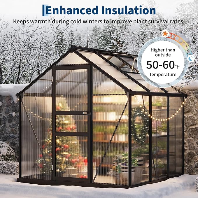 Greenhouse, 6×6FT Greenhouses for Outside, Polycarbonate Greenhouse with Aluminum Frame, Lockable Door and Ajustable Roof Vent for Backyard, Green Houses for Outside Garden Backyard, Patio