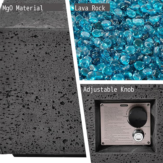 SUNBURY Outdoor Propane Burning Fire Pit, 56x28 inch Square Patio Fire Table 50,000 BTU Fire Pit for Outside with Waterproof Cover and Blue Glass Stones, Light Gray