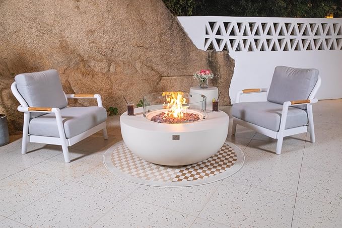 AMS Creations | Eclipse 44" Bundle Round Cast Concrete Natural Gas Fire Pit Bowl Table | Cream White | Smooth Texture Surface | Electronic Ignition | Outdoor Patio Heater Outside Backyard Fireplace