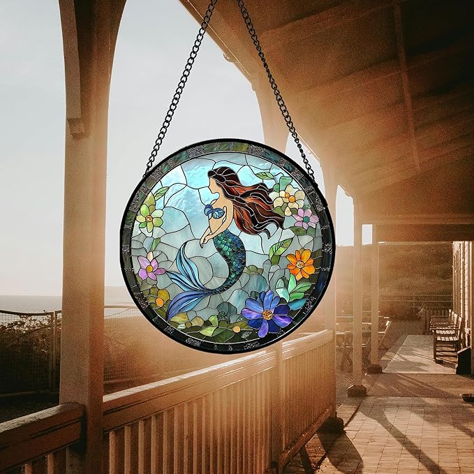 Stained Glass Window Hanging - Light Blue Mermaid Suncatcher for Door Terrace Garden Home Decor, Ocean Flowers Sun Catcher Birthday Gifts for Lovers Women Men Dad Mom Nana 6.3 in