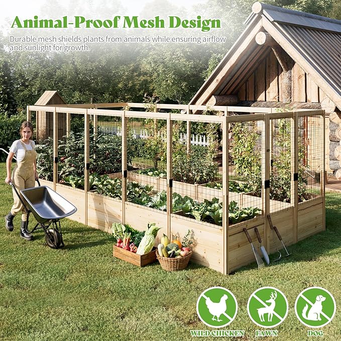 PaPaJet Wooden Raised Garden Bed for Outdoor, Eleven Grid Deep Large Planter Box with Netting for Gardening, Vegetables, Flowers, Herbs(7.5× 14.8× 5.9FT)