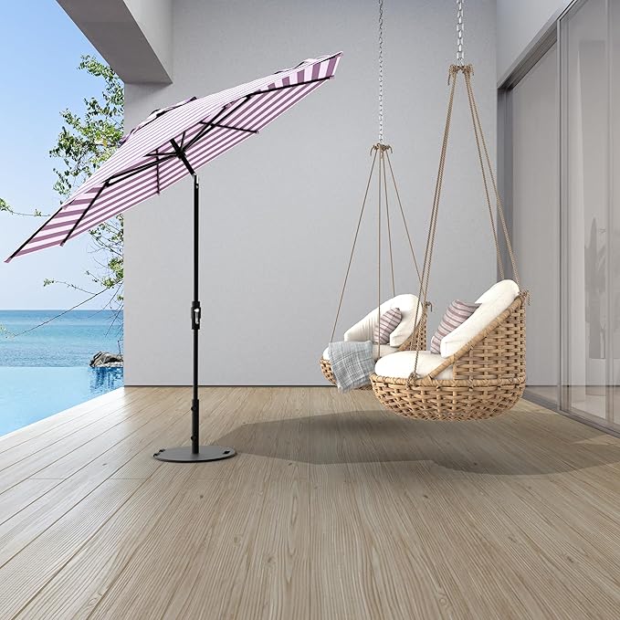 Midtown Umbrellas The Swilt 8 Feet Patio Umbrella in Terylast Midtown Stripes Purple/White Polyester Fabric - Fiberglass Ribs, Auto-Tilt Aluminum Frame For Backyard, Deck, Garden, Pool - White Pole