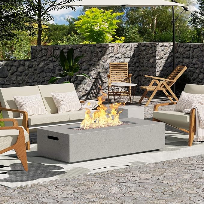 NAGA HABNA 56 Inch Propane Fire Pit Table, Rectangle Outdoor Fire Table w Tank Table (50,000 BTU), 2 Piece Gas Fire Pit w Lava Rocks for Garden, Pool, Backyard