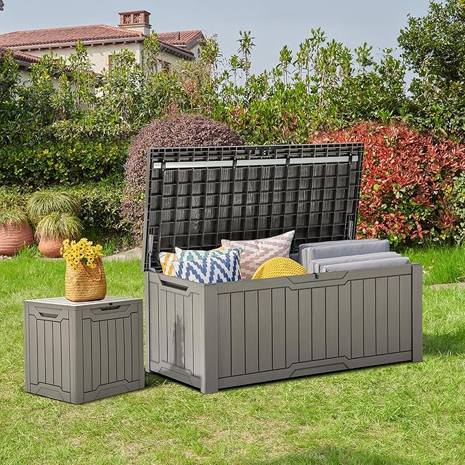 YITAHOME 120 Gallon Outdoor Storage Deck Box, Large Resin Patio Storage for Outdoor Pillows, Garden Tools and Pool Supplies, Waterproof, Lockable (Light Brown)