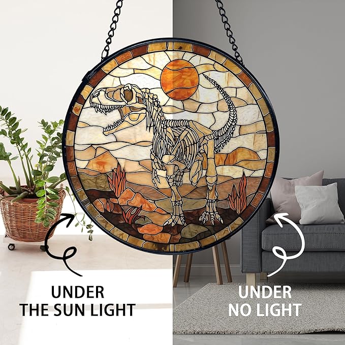 TNUW Dinosaur Skeleton Stained Glass Window Hanging, Prehistoric Dino Fossil Sunset Landscape SunCatchers Indoor Window Glass Round Wall Art Decor, Dinosaur Wall Hanging Decorations, 7.9"x7.9"