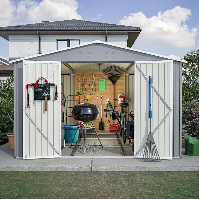 10x10 FT Outdoor Storage Shed with Floor,Metal Shed W/Air Vent & Sloped Roof,All Weather Waterproof Garden Tool House W/Lockable Hinged Door,for Backyard,Patio,Lawn,Gray