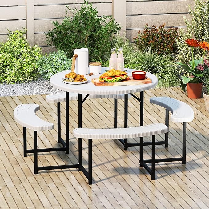 Tangkula 8 Person Picnic Table, HDPE Outdoor Round Table and Bench Set with 4 Built-in Benches, Umbrella Hole, Metal Frame for Garden Yard Patio Lawn