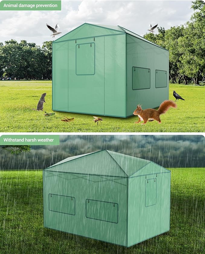 8 X 12 FT Portable Greenhouse for Indoor & Outdoor Plants, 96 X 144 Inches Durable PE Cover Pop-Up Green House Kit with Zippered Doors, Mesh Windows,Grow Tent for All Seasons - Easy to Assemble,Green