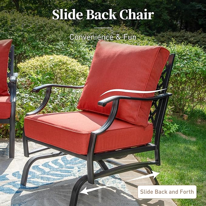 6 Piece Metal Outdoor Patio Furniture Set, Patio Conversation Set 1 3-Seater Sofa, 2 Rocking Chair, 2 Leg Chair with 5.75" Thick Cushion and Coffee Table, Backyard Furniture Set, Red