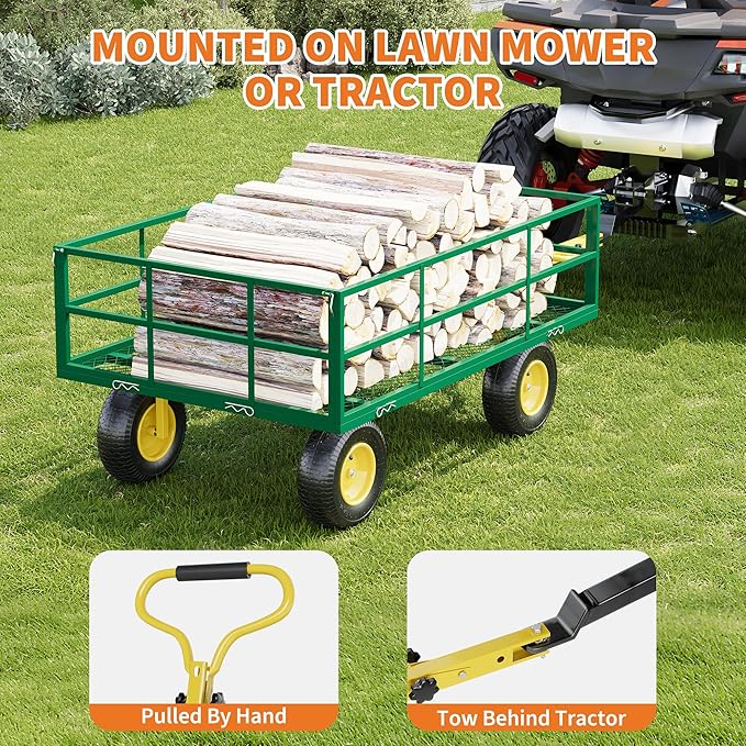 3-in-1 Heavy-Duty Steel Garden Cart, 1200 Lbs Garden Wagon, with 13 Inch All-Terrain Tires and Removable Mesh Side Panels, 180° Rotating Handle, Metal Multi-Function Carts, Outdoor Gardens Wagon Cart