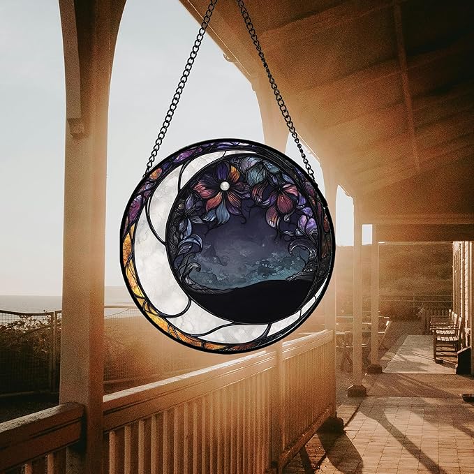 Stained Glass Window Hanging - Black and White Moon Sun Catcher for Door Terrace Garden Home Decor, Abstract Plant Flower Suncatcher Birthday Gifts for Lovers Women Men Dad Mom Nana 9.8 in