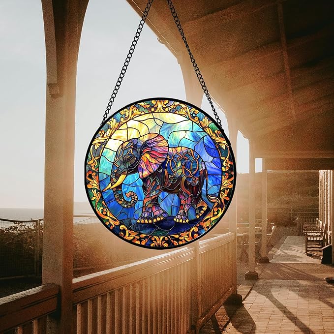 Stained Glass Window Hanging - Blue Elephant Suncatcher for Door Terrace Garden Home Decor, Yellow Retro Sun Catcher Birthday Gifts for Lovers Women Men Dad Mom Nana 11.8 in