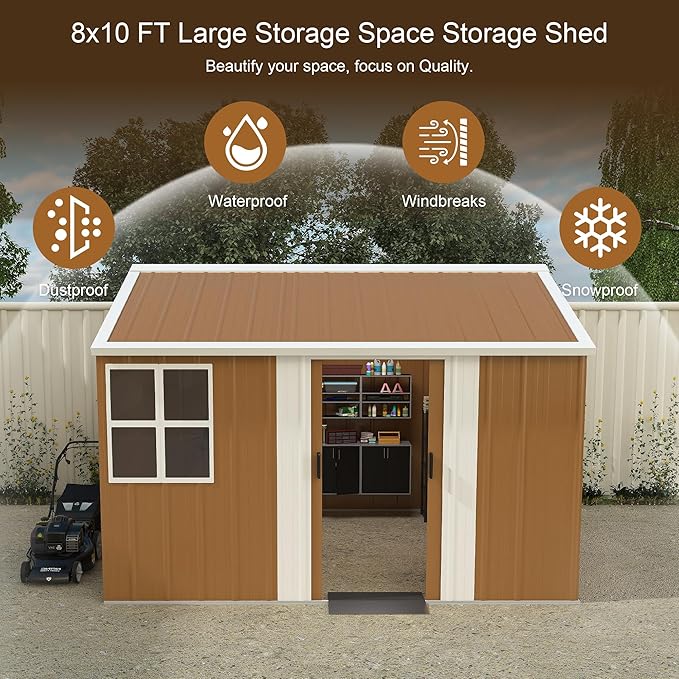 KEIKI 10FT x 8FT Heavy-Duty Metal Storage Shed, Outdoor Storage Shed with Floor & Window and Lockable Doors, Weatherproof Outdoor Garden Shed for Garden, Backyard, Patio, Lawn