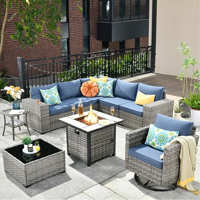 HOOOWOOO 9 Piece Modular Patio Outdoor Sectional Furniture Set with Gas Propane Fire Pit Table,Wicker Conversation Sofa Set with Swivel Chairs,Outside Couch Set(Denim Blue)