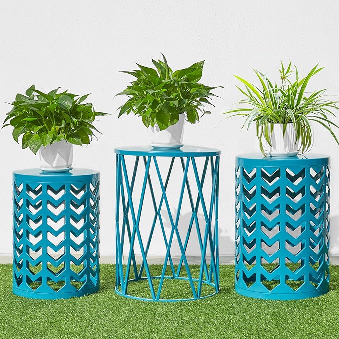 Y&M Set of 3 Nesting Metal Round Coffee Table, Side Table End Table for Indoor Outdoor Multifunctional Use,Heavy Duty Metal Plant Stand Decorative Garden Stool- Blue(Ship from US)