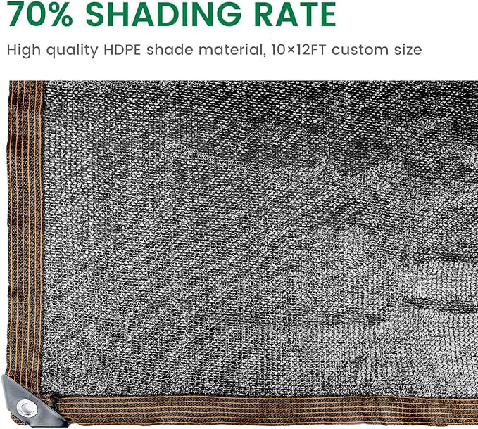 70% 10 X 12 FT Black Shade Cloth, Outdoor Sunblock Shade Cloth with Grommets, Durable Sun Shade Netting Shading Antifreezing for Patio, Garden, Plants Cover, Greenhouse, Barns, Dog Kennel