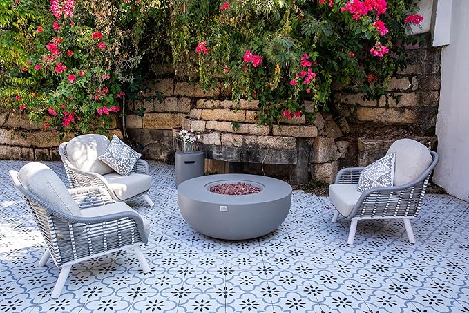 AMS Creations | Eclipse 44" Round Cast Concrete Propane Gas Fire Pit Bowl Table | Light Gray | Smooth Texture Surface | Electronic Ignition | Outdoor Patio Heater Outside Backyard Fireplace