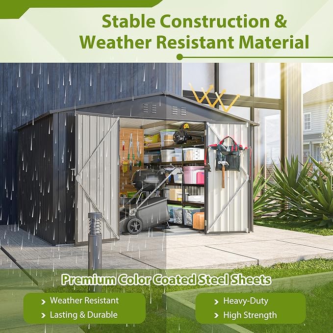 10X8 FT Outdoor Storage Shed, All Weather Metal Sheds with Lockable Doors, Tool Shed for Garden, Patio, Backyard, Lawn (Black with Floor Frame, 10x8ft)