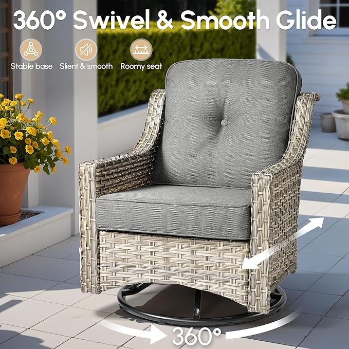 8 Pieces Patio Outdoor Furniture Set with Swivel Rocking Chairs,All Weather Wicker Rattan Patio Seating Sofa and Chair Set w/Ottoman,Outdoor Conversation Sets for Deck Yard Garden,Dark Grey