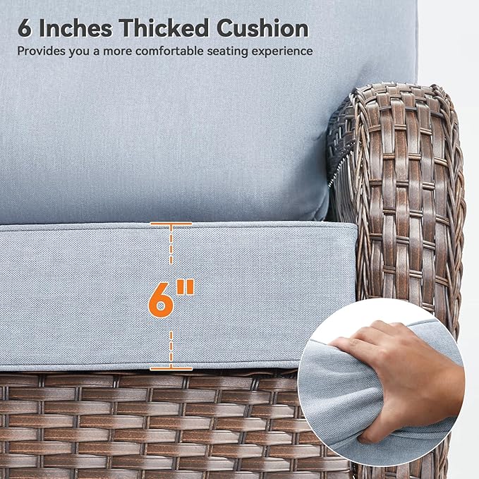 Luxury 6" Outdoor Cushions for Patio Furniture, 24x24x6 Thick Seat Cushion Set of 7, Fade Resistant Couch Chair Replacement Cushions High Density Wicker Chair Cushion w/Removable Cover Baby Blue