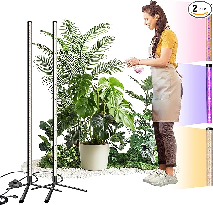 2PCS T8 Standing Grow Light, 42W Full Spectrum LED Grow Light for Indoor Plants, Plant Lamp with 243 LEDs, Wide Illumination Area, 4FT Height with On/Off Switch and Tripod Floor Stand
