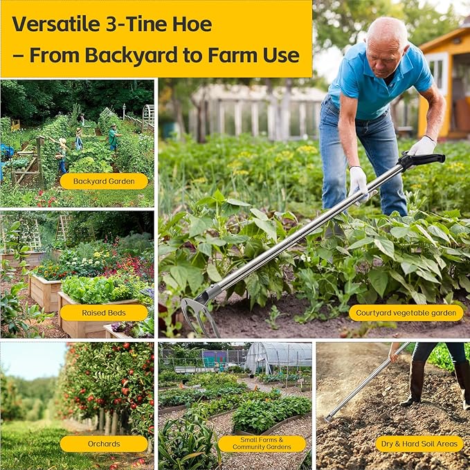 Potato Hand Rake Garden Tool - 62" Long Handle Cultivator Weeding Rakes, 3-Tine Heavy Duty Carbon Steel with D Grip for Raised Garden Beds,Flower Bed,Soil Grass Yard Gardening