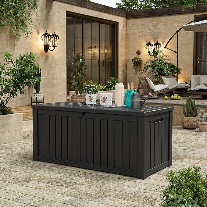 NUNU LAB 120 Gallon Outdoor Storage Box, Large Resin Deck Box with Lockable Lid, Waterproof Patio Storage Bench, Outdoor Cabinet for Garden Tools, Cushions & Pool Accessories
