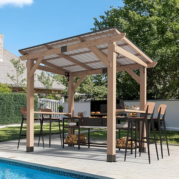CHARMELEON 6'x8' Wood Grill Gazebo, Cedar Wood BBQ Grill Gazebo with 2 Side Storage Shelves, Pavilion with Hardtop Sloping Steel Roof for Outdoor, Patio, Barbecue, Garden, Deck