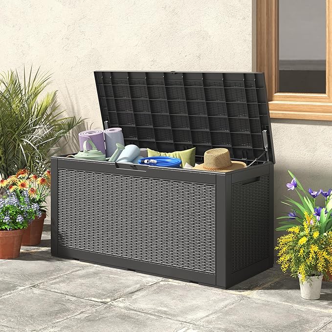 NUNU LAB 101 Gallon Resin Deck Box โ Large Lockable Outdoor Storage Box with Gas Lift, Waterproof Patio Storage for Cushions, Garden Tools, Pool Supplies, and More, Black