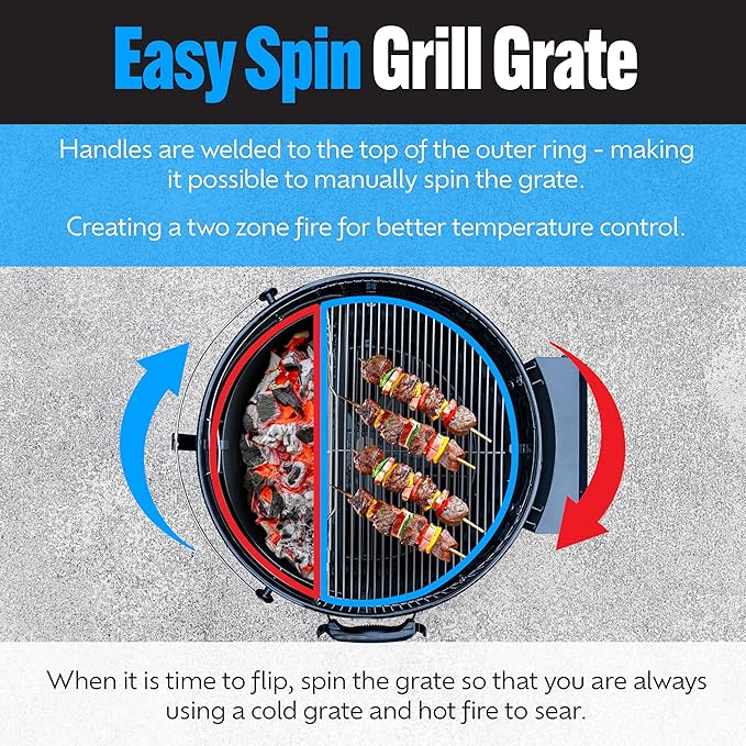 SnS Grills Slow ‘N Sear Travel Kettle, 2-Zone Cook Charcoal Basket and Easy Spin 18” Grate - Portable Charcoal Grill for BBQ Cooking - Travel Kettle 18”