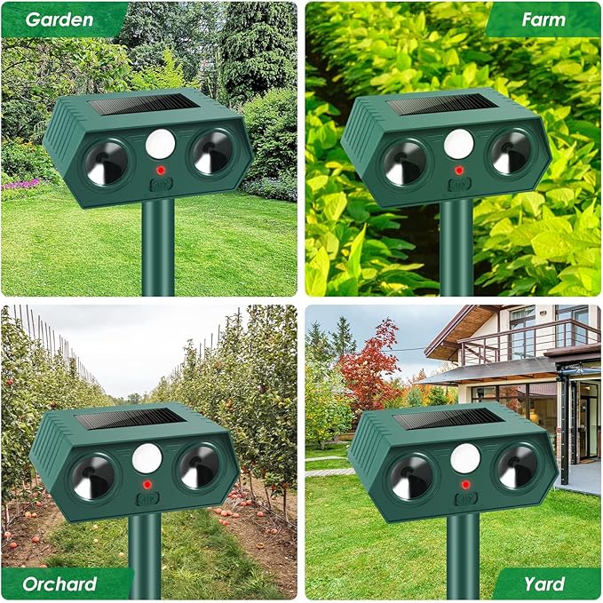 2025 Racoon Squirrel Sonic Fortress Pro Rabbit Repellent Outdoor, Solar Ultrasonic Animal Repeller Deer Deterrent with Motion Sensor to Scare Cat Dog Skunk Out of Garden Farm Yard(4Pack)