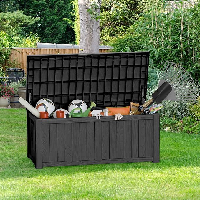 150 Gallon Waterproof Large Resin Deck Box Indoor/Outdoor Lockable Storage Container and Seating for Garden, Pool, and Patio (150 Gallon, Black)