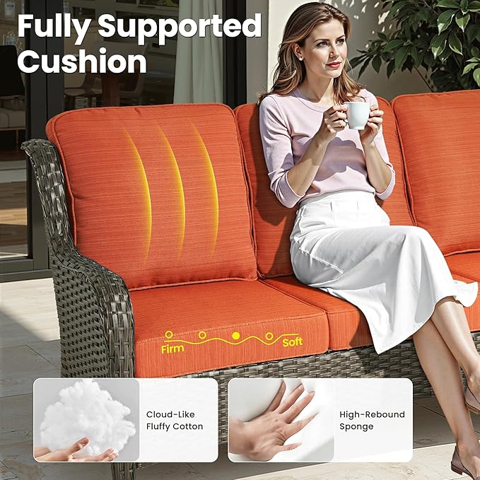 ovios 6 Pieces Patio Furniture Set, Outdoor Wicker Sofa Couch with Swivel Chairs Ottomans Comfy Cushions, All Weather High Back Modern Conversation Sets, Brown Rattan, Orange Red