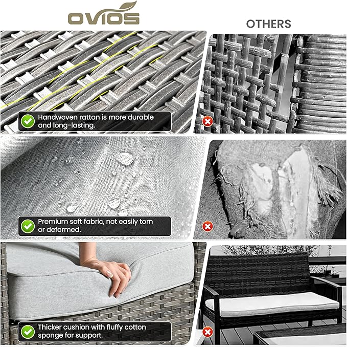 ovios 7 Pieces Patio Furniture Set, Outdoor Wicker Sofa Couch with Rocking Swivel Chairs Fire Pit Table, Modern Deep Seat Rattan Conversation Sets for Porch Deck, Grey