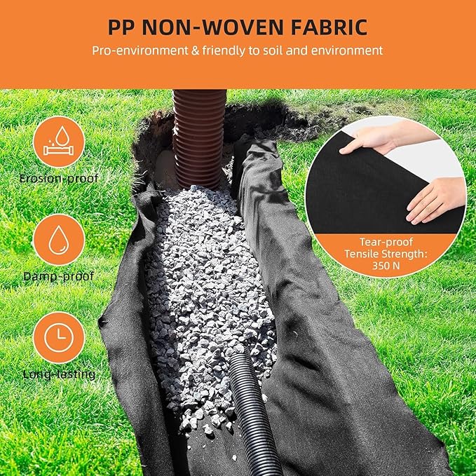 GAOMON Geotextile Landscape, 3ft x 300ft & 6oz Geotextile Fabric, PP Drainage 350N Tensile Strength & 440N Load Capacity, for Driveway & Road Stabilizationr, Erosion Control, French Drains, Black