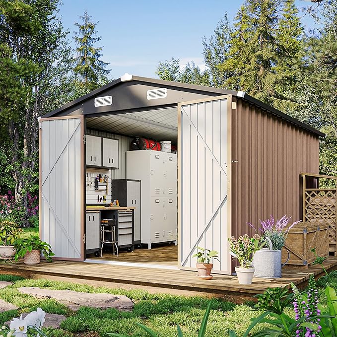 8x12 FT Metal Outdoor Storage Shed, Dual Doors with Lockable Bolts, Large Garden Shed for Yard Tools, Bike, Generator, Waterproof Galvanized Steel Panel with Vent & Sloping Roof(Brown)