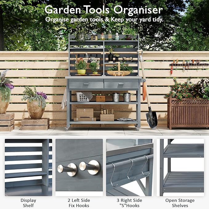 Polibi 64.9"H Outdoor Potting Bench Table with Lockable Wheels,Solid Fir Wood Outdoor Kitchen Island with Upper Hutch,Stainless Steel Top,Towel Rack,Outdoor Storage for Grilling,Lawn Garden(Grey Blue)