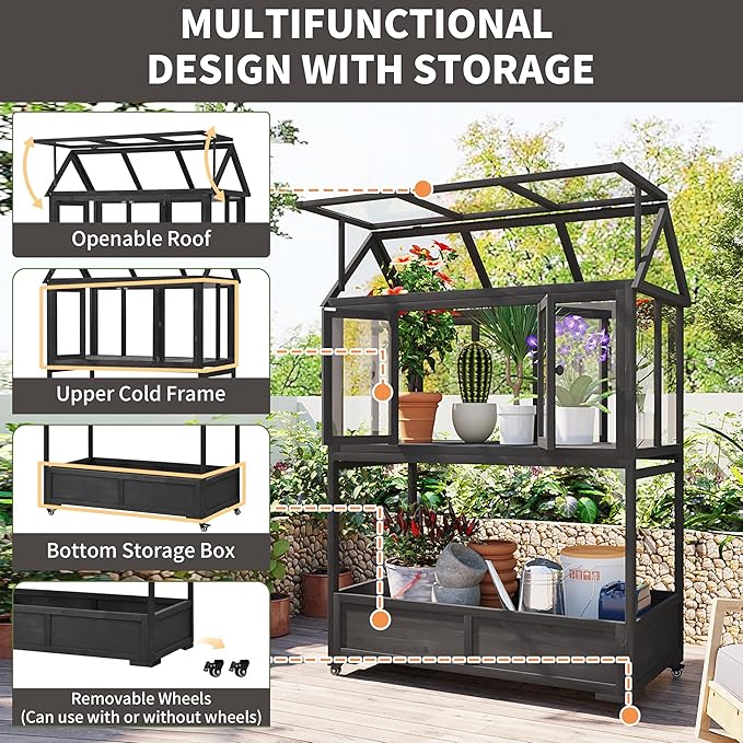 Greenhouse Cold Frames with Wheels - Adjustable Shelves Portable Cold Frame for Balcony/Patio, UV-Resistant Indoor Outdoor Plant Growing Cabinet (Large, Heavy-Duty) (Black)