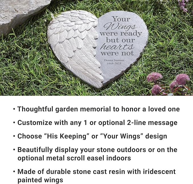 Let's Make Memories Personalized Memorial Garden Stone - Sympathy - Loss of Loved One - Condolences - Indoor/Outdoor - Durable Resin - 3D Wings of Love - in His Keeping