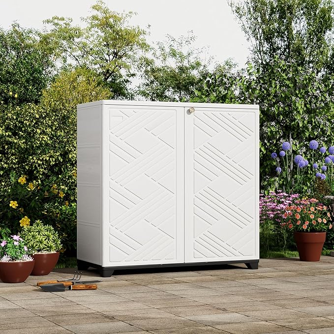 ZZM Indoor/Outdoor Storage Cabinet Waterproof, 34"x15"x34" Plastic Outdoor Storage Box for Garden Balcony Bathroom, All Weather Outdoor Storage Clearance, DIY Usage, with 1 Shelf (White)