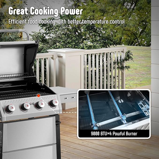 All Stainless Steel 4+1 Burner Gas BBQ Grill, Outdoor Propane Grill with Premium Enameled Coated Chamber Body & Porcelain-Enameled Cast lron Grates, 48,000 BTU