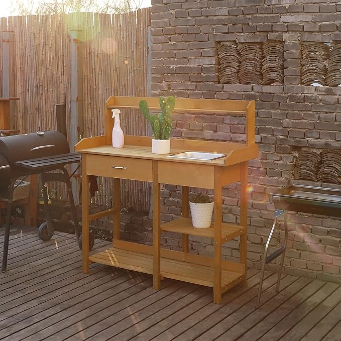 BlueWish Potting Bench, Potting Benches for Outside, Potting Benches & Tables with Drawer, Adjustable Shelf Rack, Removable Sink, Three Hook