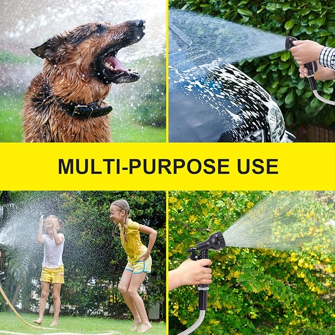 FOXEASE Metal Garden Hose 50 ft - Stainless Steel Water Hose with 2 Nozzles, Lightweight, Tangle Free & Kink Free, Heavy Duty, High Pressure, Flexible, Dog Proof