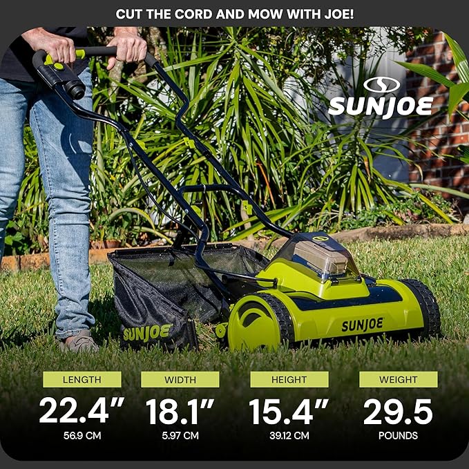 Sun Joe Cordless Push Reel Lawn Mower, 15” Yard Trimmer w/ 11.9-Gal Bag, 24V, Black/Green - Heavy-Duty Gardening Machine and Equipment for Grass, Backyard, Garden, and Patio