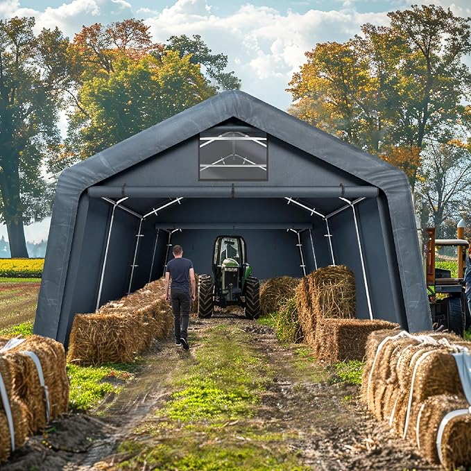 PHI VILLA 13'X22'X9.6' Outdoor Portable Storage Shelter Shed Garage with Roll up Zipper Doors & Vents Carport for Motorcycle Waterproof and UV Resistant Anti-Snow Portable Garage Kit Tent, Gray