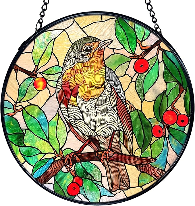 TNUW Bird Stained Glass Window Hanging, Bird Botanical Sun Catchers Indoor Window Glass Round Wall Art Decor, Birds Lover Gifts Wall Hanging Decorations, 7.9"x7.9"