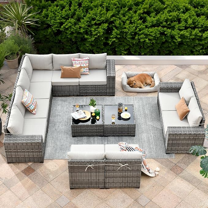 ovios 12 Pieces Patio Furniture Set, Outdoor Wicker Sectional Sofa with Glass Table Comfy Cushions, Modern Modular Deep Seat Couch Rattan Conversation Set, Beige